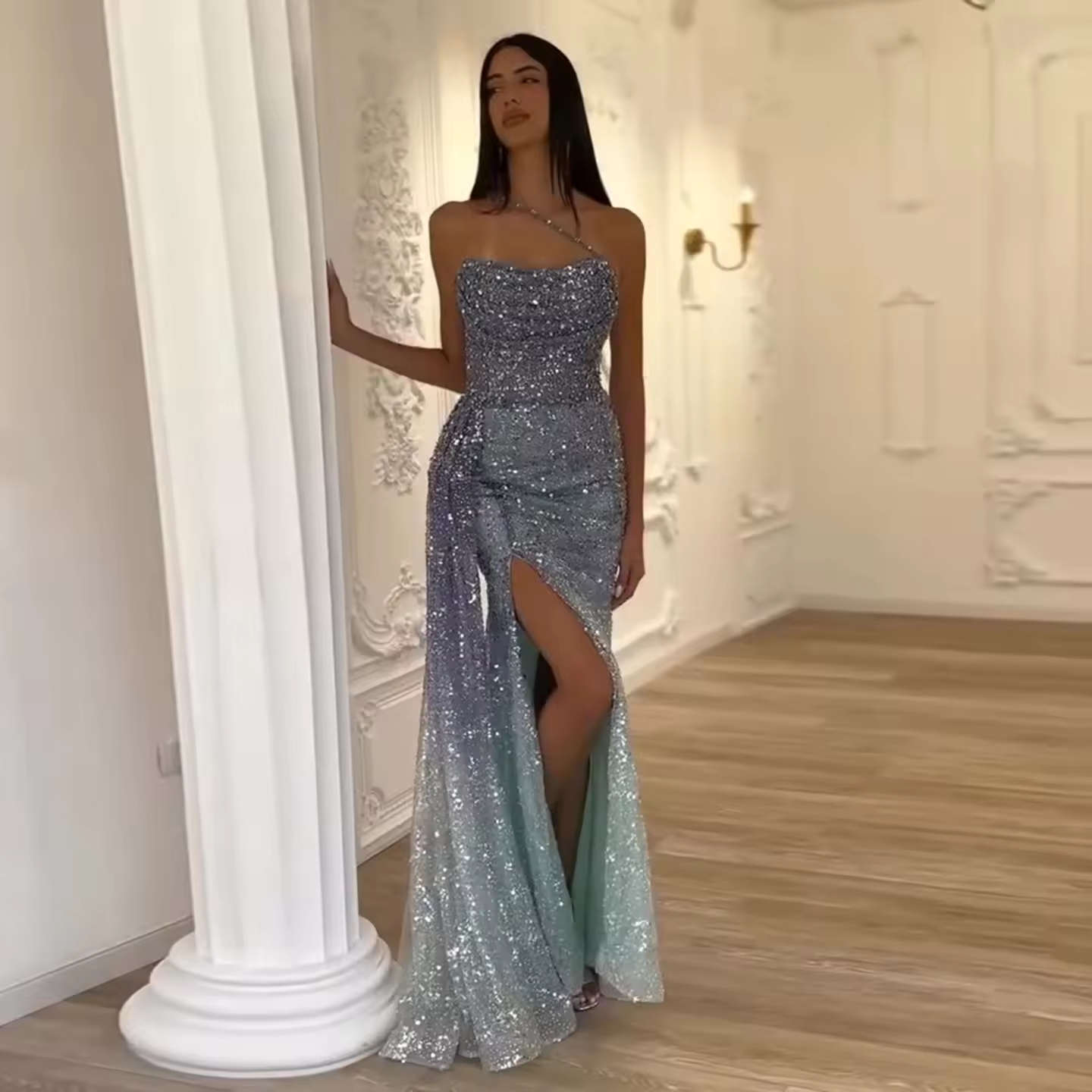 Luxury Ombre Blue Mermaid Evening Dresses with Slit Overskirt Sage Green Long Wedding Party Gowns