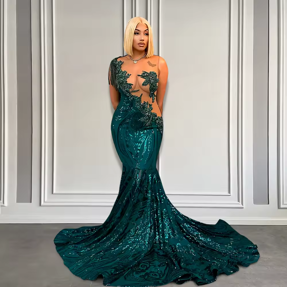 Elegant Green Mermaid Prom Gowns for Black Girls Luxury Beaded Crystals Lace Long Prom Dresses 2025 Sleeveless Customized