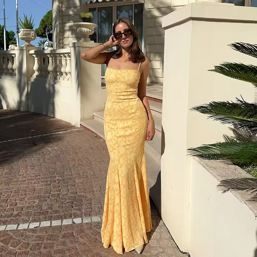 Backless Women's Evening Party Dress Sexy Lace Up Maxi Dress Sleeveless Orange Wedding Guest Dresses