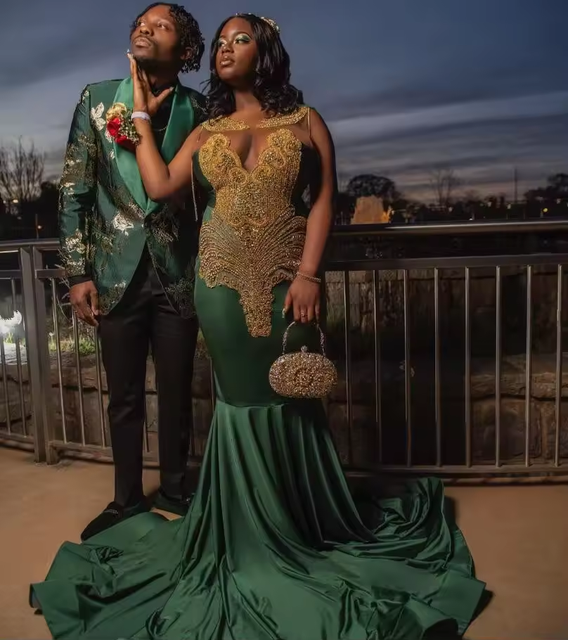 Hunter Green Long Mermaid Prom Birthday Gala Dresses for Black Girl Sparkly Diamond Crystal Evening Party Dress customsized