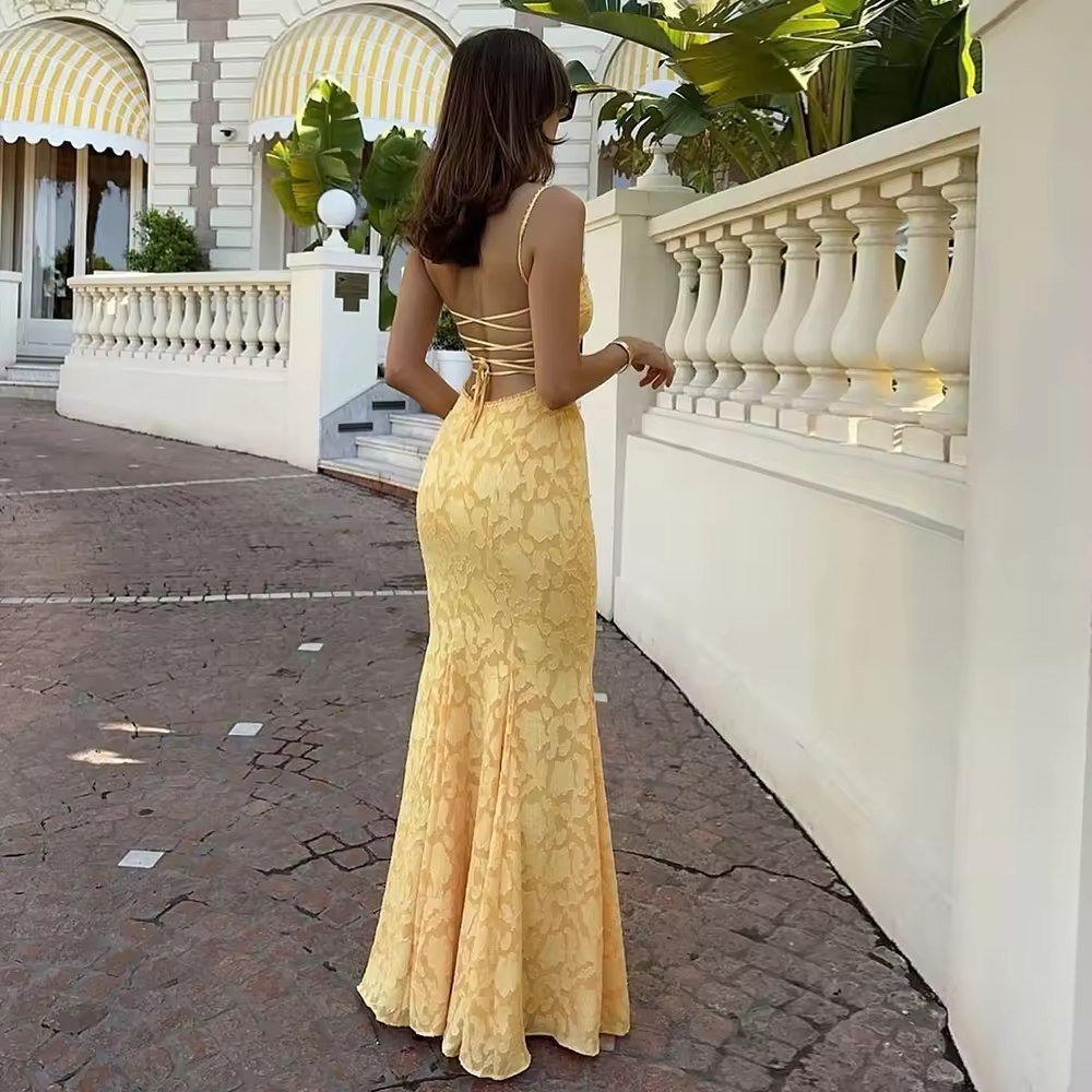 Backless Women's Evening Party Dress Sexy Lace Up Maxi Dress Sleeveless Orange Wedding Guest Dresses