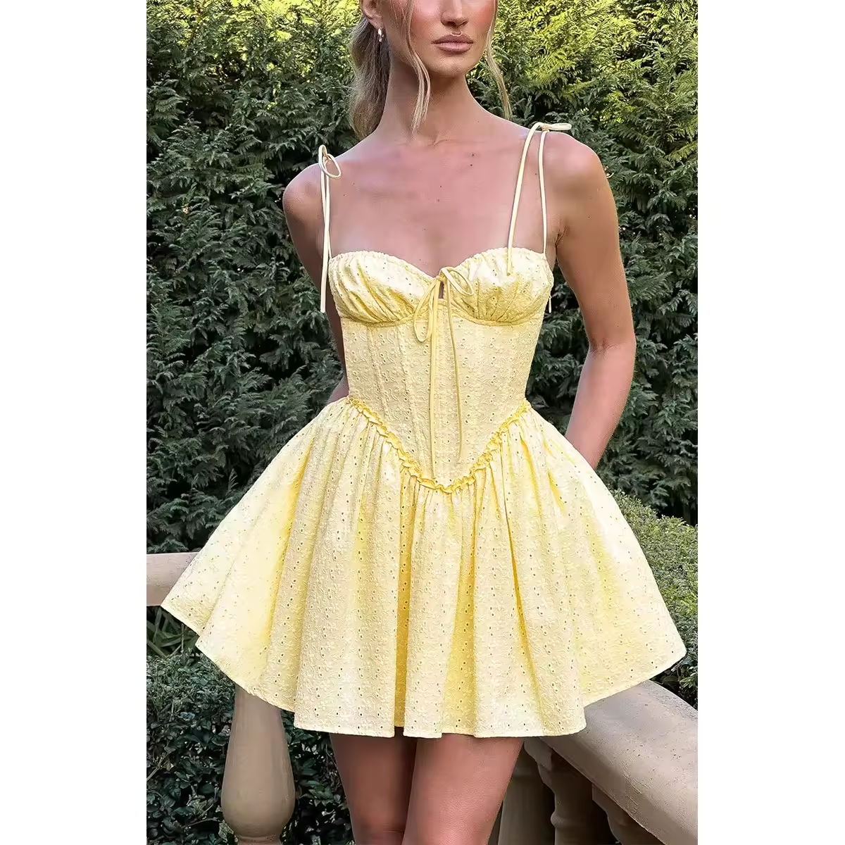 Summer Spaghetti Strap Corset Dress Sexy Short Flare A Line Party Dresses Yellow Elegant Jacquard Dress
