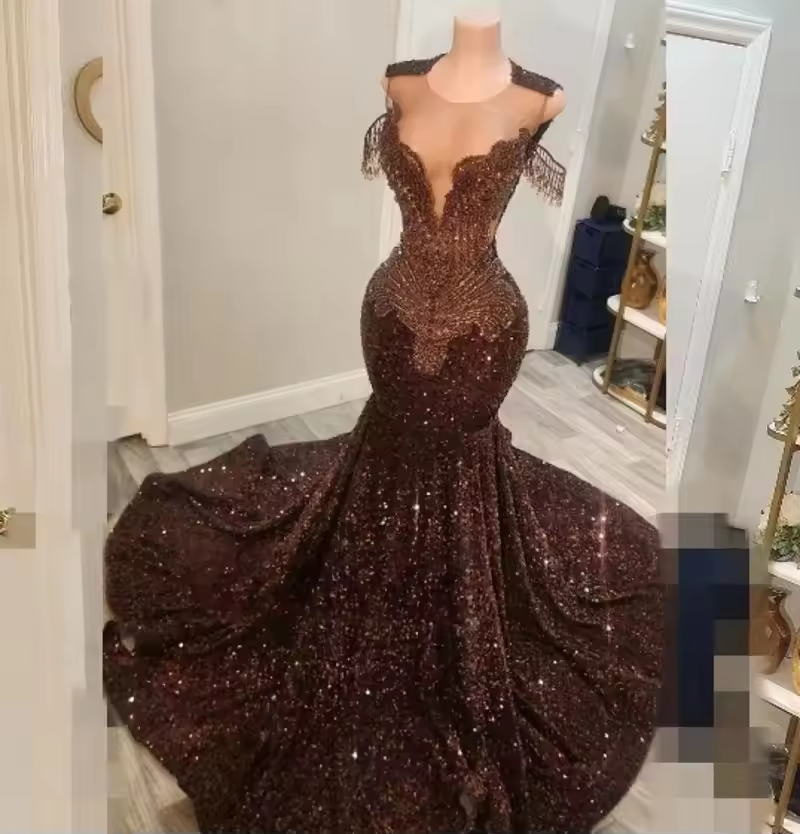 Brown Prom Dresses 2025 Luxury Black Girls Rhinestone Mermaid Evening Gowns Sequin Party Dress Gala Long Customized