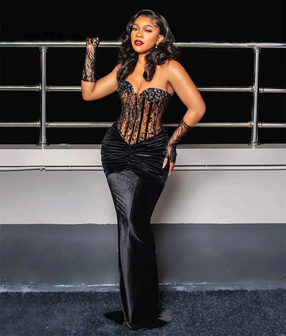 Aso Ebi Black Velvet Mermaid Evening Dresses African Formal Gowns Sweetheart Prom Dress Beaded Elegant vestidos