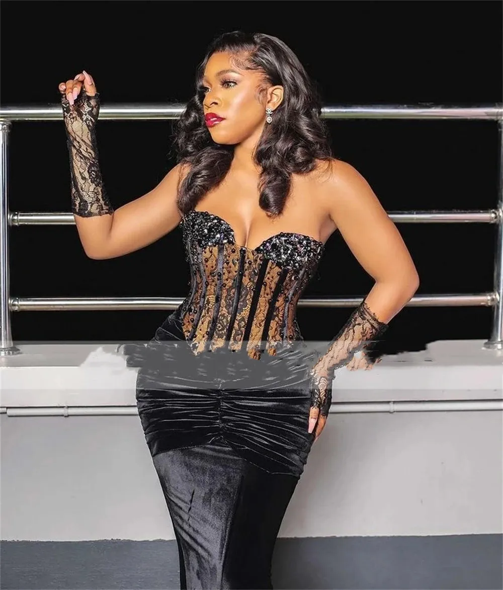 Aso Ebi Black Velvet Mermaid Evening Dresses African Formal Gowns Sweetheart Prom Dress Beaded Elegant vestidos