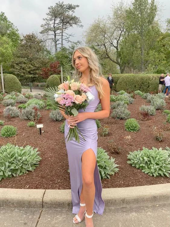 Light Purple Side Slit Satin Prom Dress Long Party Dress Evening Dress