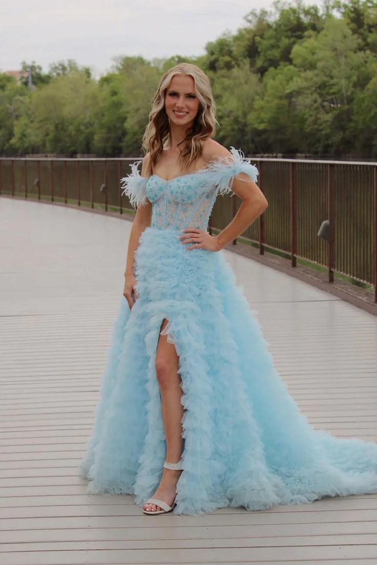 Sky Blue Princess Slit Evening Dress Feathers Straps Tulle Beaded Tiered Long Prom Dress