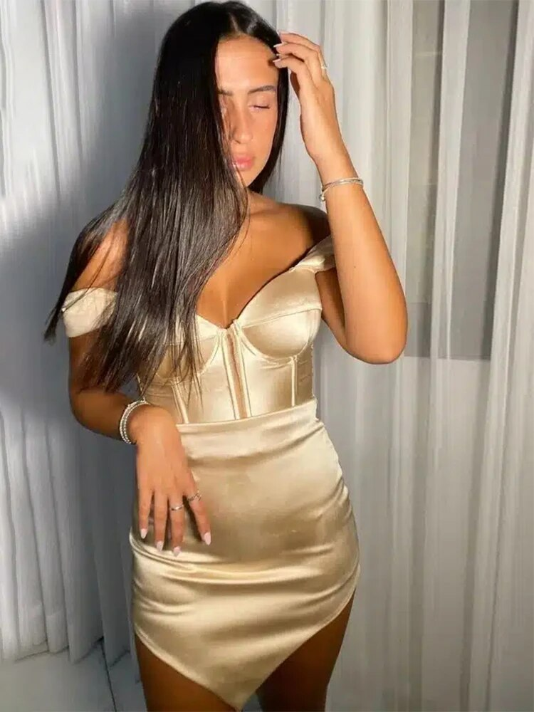 Champagne Satin Cocktail Dresses Off the Shoulder Cocktail Gowns Mini V Neck Sheath Short Evening Party Dress