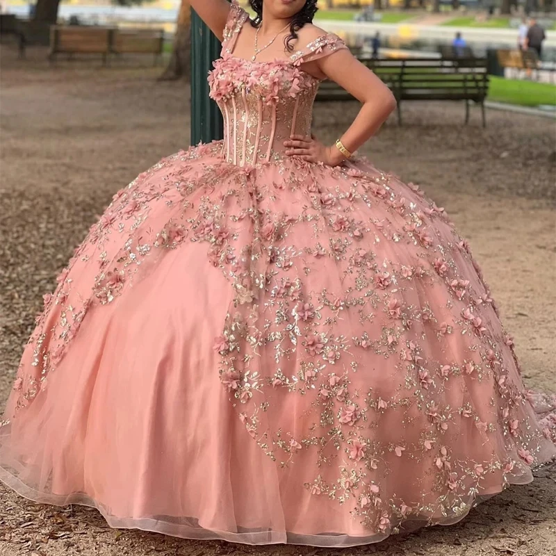 Princess Girls Quinceanera Dresses Applique Lace Flower Tull Lace Up Ball Gown Bithday Party Prom