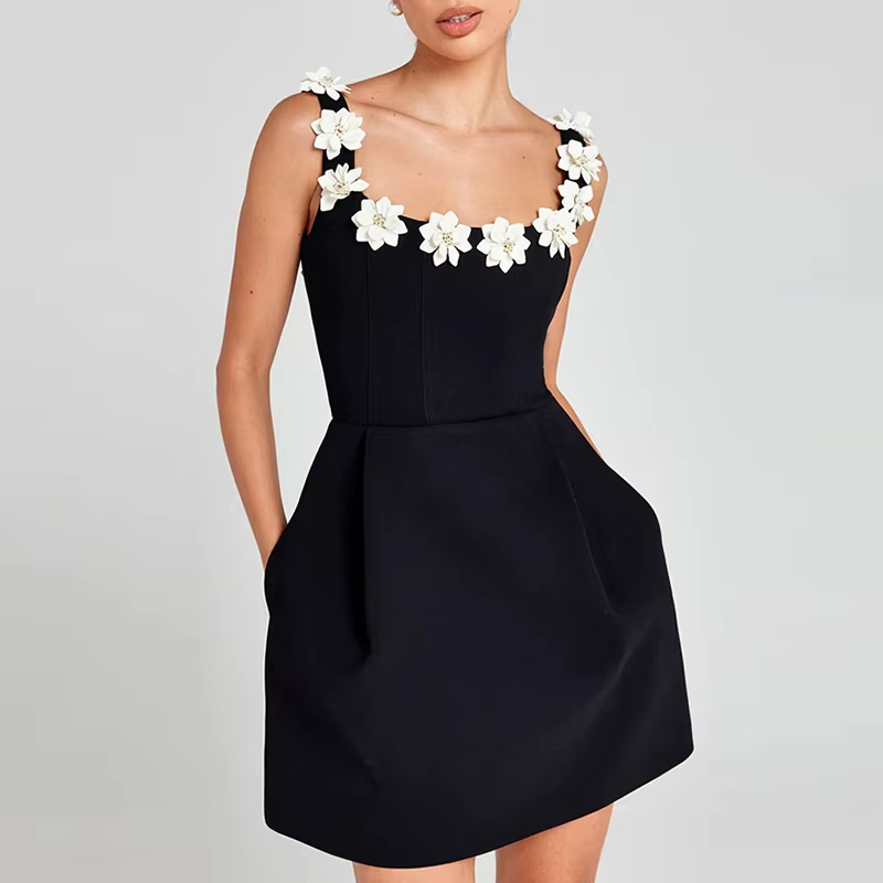Elegant Floral Edge Suspender Mini Dress Fashion Sleeveless Backless Pocket Dress Banquet Lady Solid Nipped Waisted Party Dress