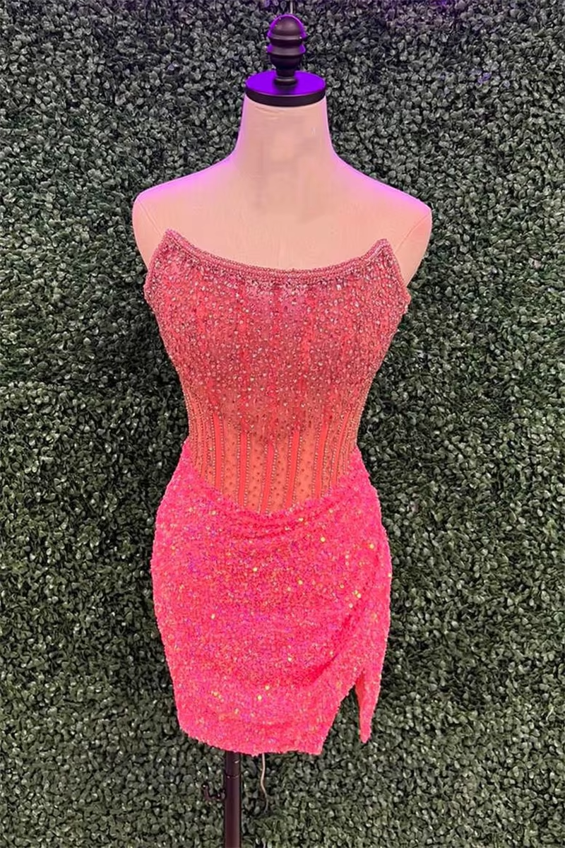 Sparkly Bodycon Strapless Corset Sequin Mini Homecoming Dress with Slit Scoop Neckline Prom Dress Sleeveless A Line Evening Gown