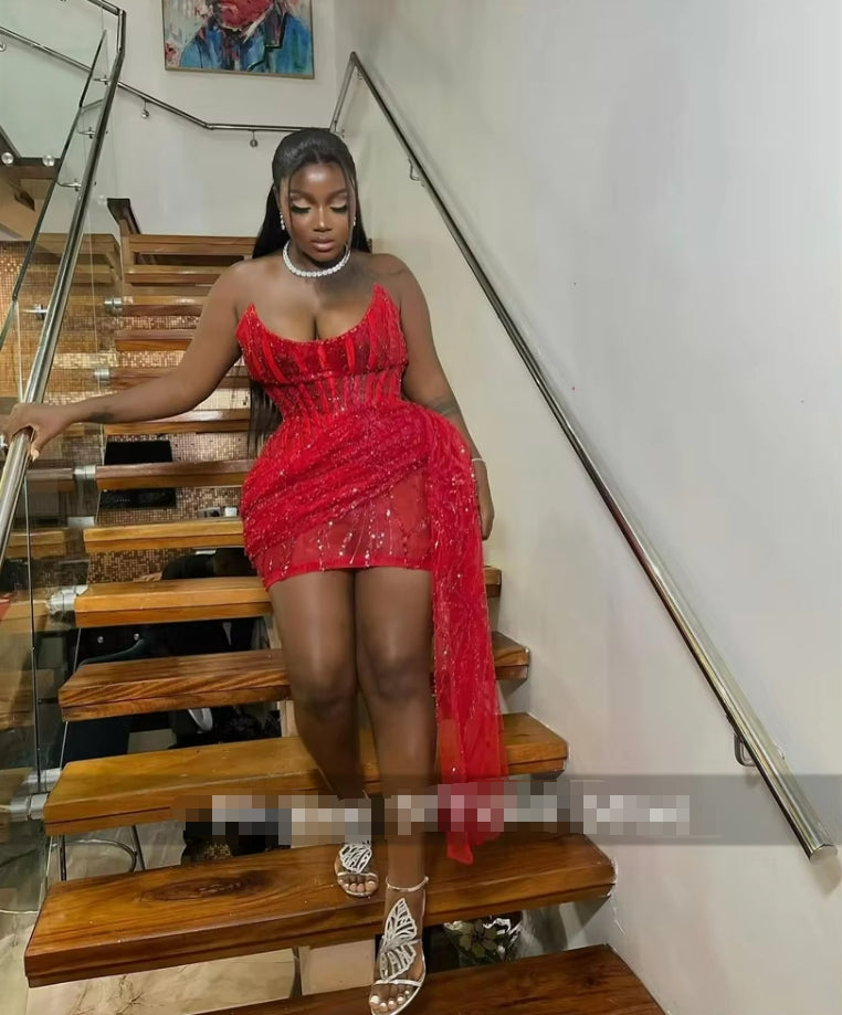 Red Sweetheart Short Prom Dresses For Black Girls Beaded Crystal Birthday Party Dress Mini Cocktail Homecoming Robe De