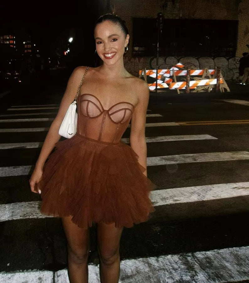 Sexy Short Prom Dresses Tulle Brown Strapless Mini Ruffles Pleat Homecoming Dresses Birthday Dress For Women Luxury