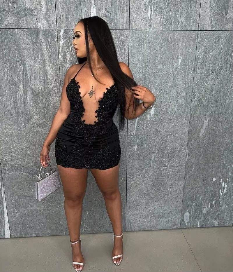 Sexy Little Black Cocktail Dresses Satin Applique Beading Prom Dress Backless Birthday Party Gowns