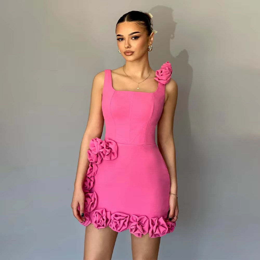Hot Pink Party Dress Mini 3D Flowers Tank Square Collar Short Cocktail Gowns for Women Sheath Sleeveless Homecoming Dresses