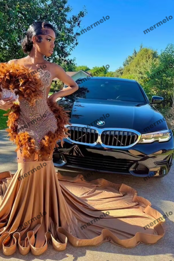 Brown Ostrich Feathered Short Prom Dress for Black Girl Luxury Diamond Crystal African Birthday Homecoming Gown