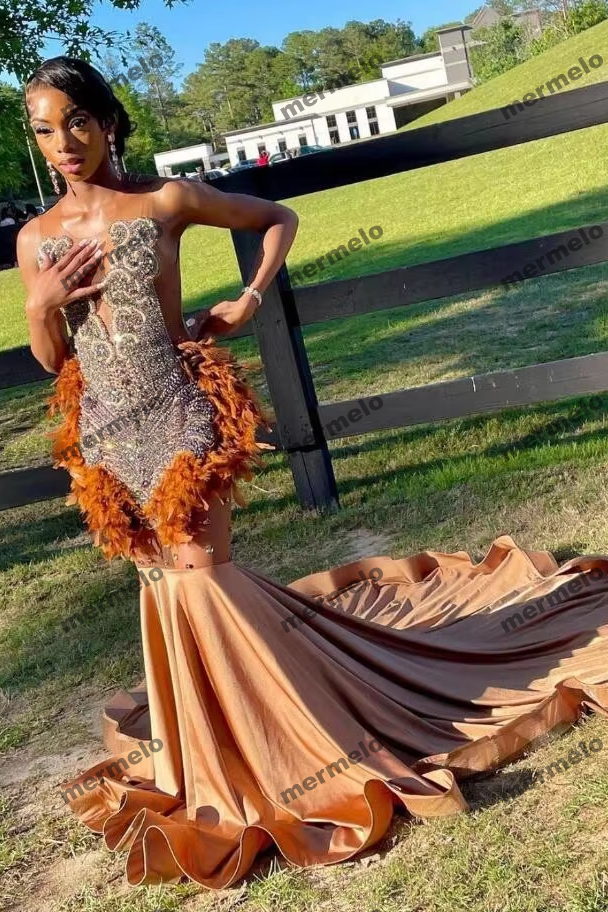 Brown Ostrich Feathered Short Prom Dress for Black Girl Luxury Diamond Crystal African Birthday Homecoming Gown