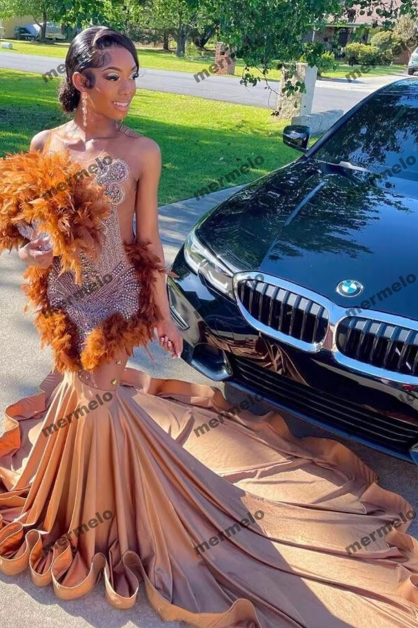 Brown Ostrich Feathered Short Prom Dress for Black Girl Luxury Diamond Crystal African Birthday Homecoming Gown