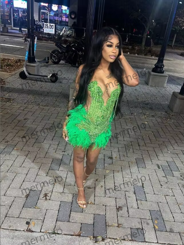 Green Diamond Crystal Birthday Homecoming Party Dress Beaded