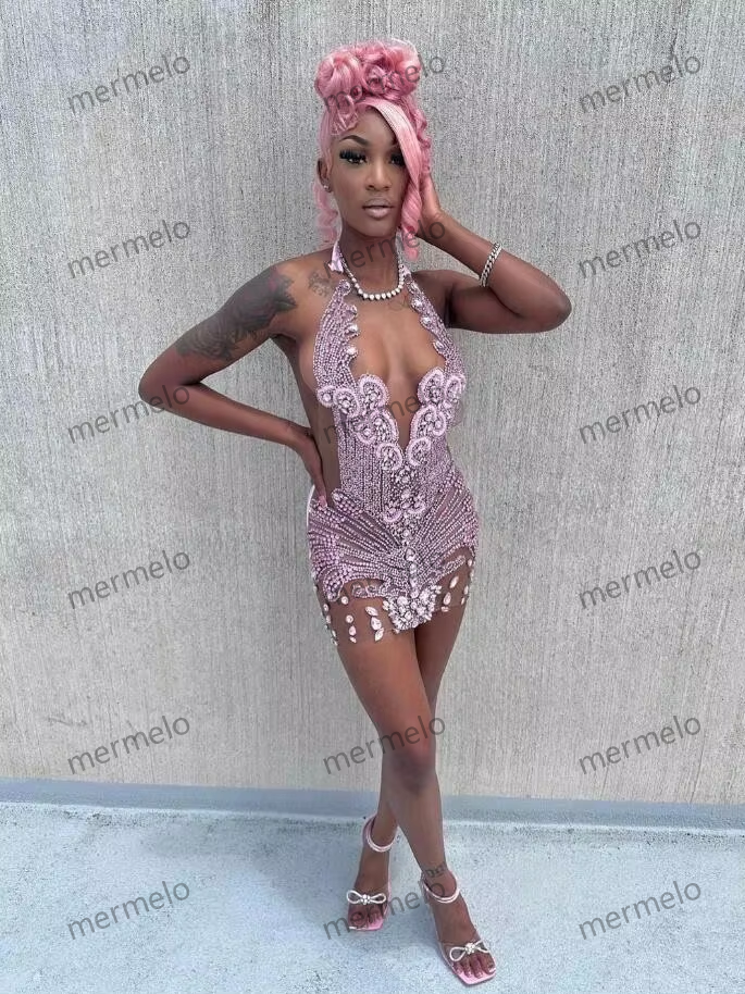 Pink Sparkly Short Prom Homecoming Dress Luxury Diamond Crystal Sheer Mesh Black Girl