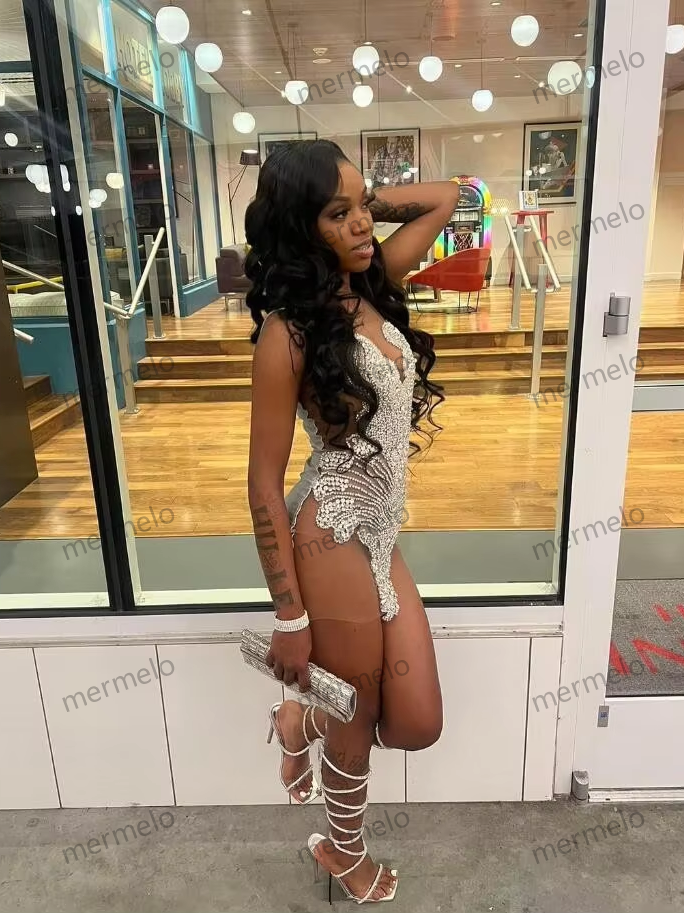 Silver Diamond Mini Evening Cocktail Dresses for Black Girl