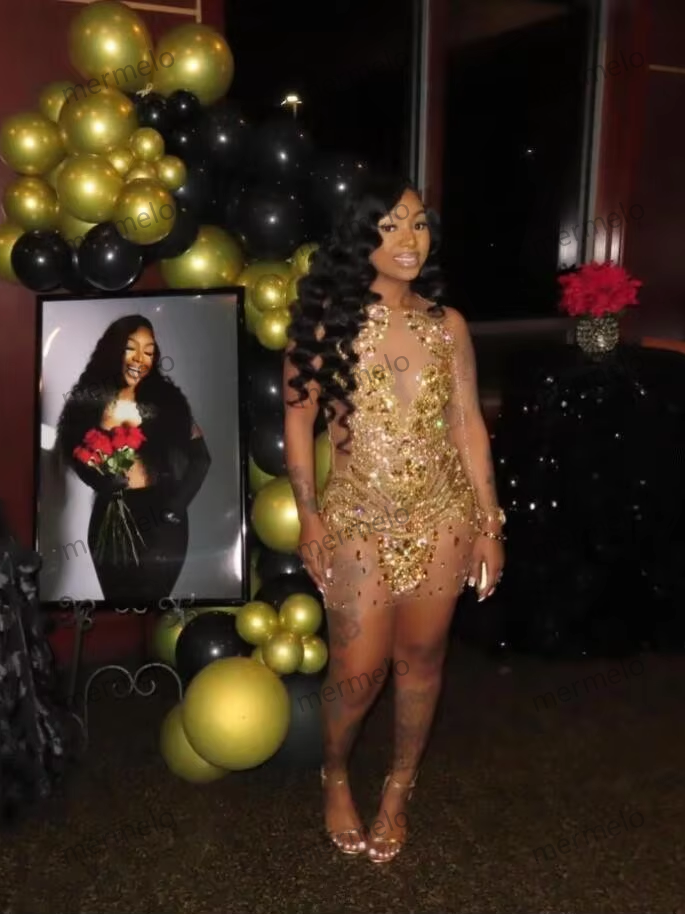 Sparkly Gold Short Prom Homecoming Dresses Sheer Mesh Crystal Beaded Black Girl Graduation Gown