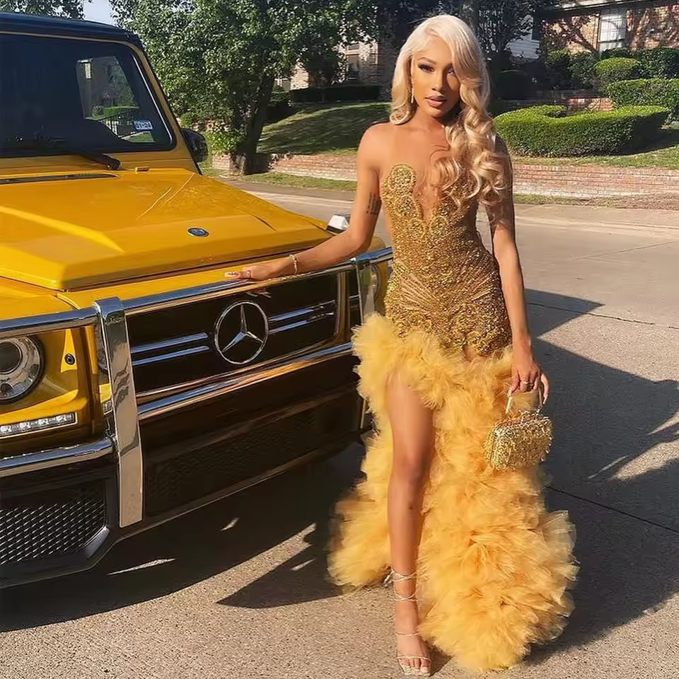Charming Gold Crystal Prom Dresses Beads Ruffle Tutu Skirt Rich Girls Formal Evening Gowns Maxi Birthday Party