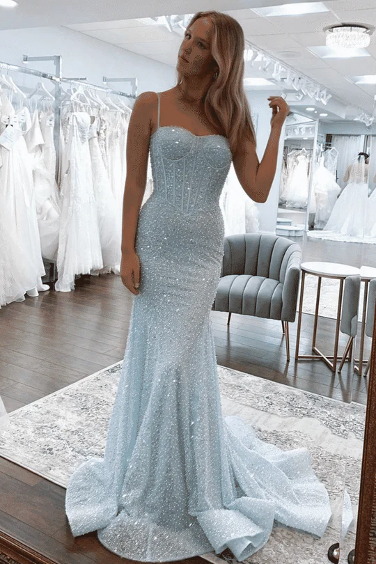 Champagne Beaded Prom Dresses Sparkly Sweetheart Spaghetti Strap Mermaid Long Sweep Train Formal Party Evening Gown Custom made