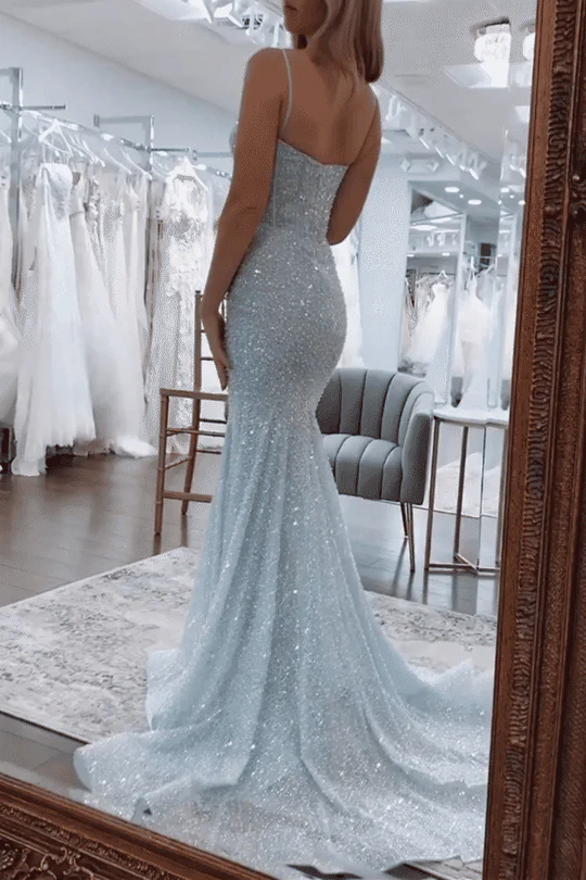 Champagne Beaded Prom Dresses Sparkly Sweetheart Spaghetti Strap Mermaid Long Sweep Train Formal Party Evening Gown Custom made