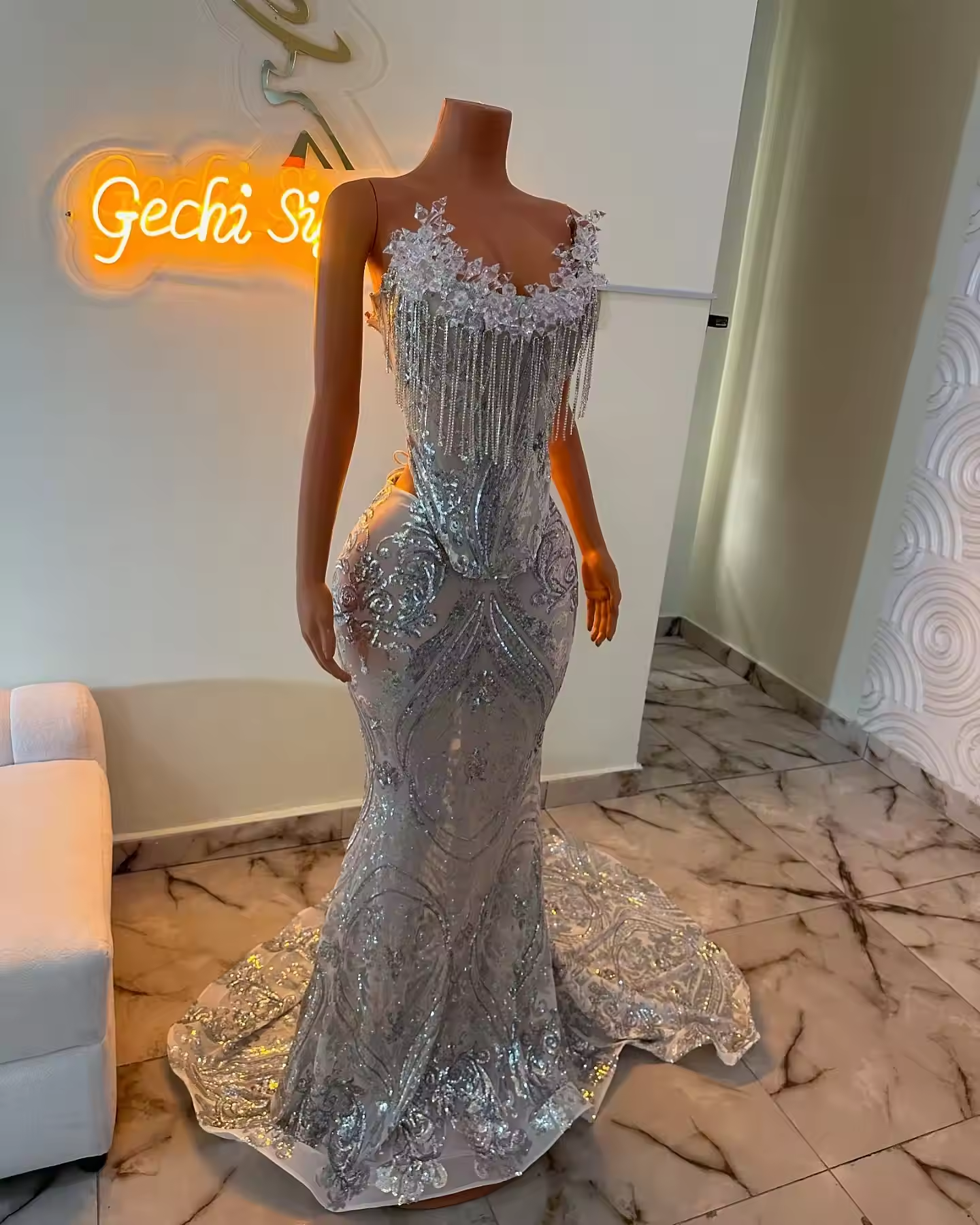 Silver Mermaid Long Prom Dresses 2025 For Black Girls Corset Strapless Sequin Crystal Tassel Evening Gowns For Party Customized
