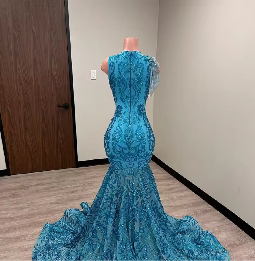 Sparkly Lace Peacock Blue Prom Dress Long 2025 Luxury Beaded Black Girls Mermaid Fitted Prom Gowns with Tassel Customized