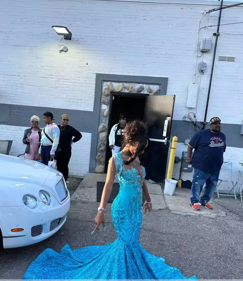 Sparkly Lace Peacock Blue Prom Dress Long 2025 Luxury Beaded Black Girls Mermaid Fitted Prom Gowns with Tassel Customized