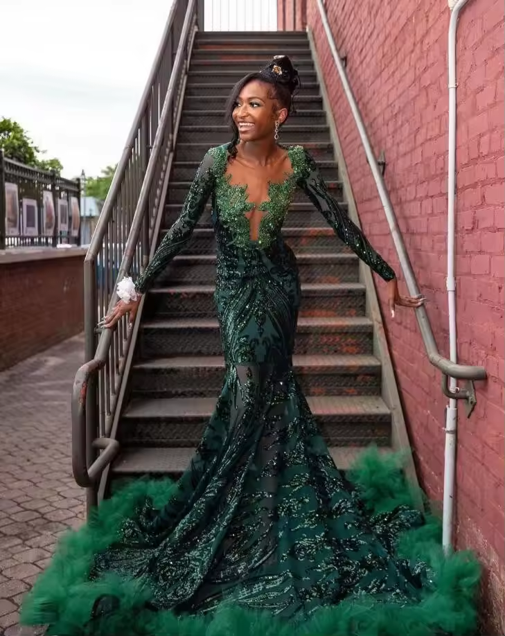 Sparkly Hunter Green Mermaid Evening Dresses for Black Girl Luxury Crystal Applique Long Sleeve Prom Birthday Gala Gown customsi