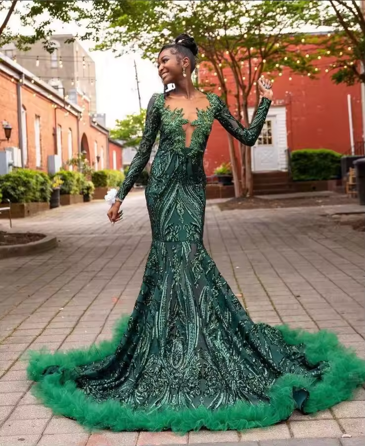 Sparkly Hunter Green Mermaid Evening Dresses for Black Girl Luxury Crystal Applique Long Sleeve Prom Birthday Gala Gown customsi