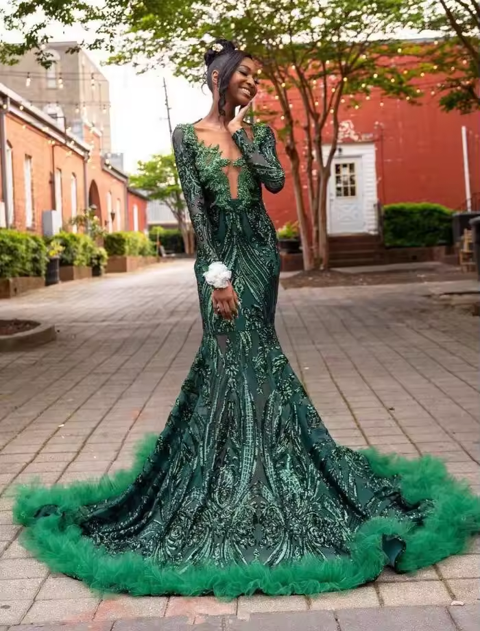 Sparkly Hunter Green Mermaid Evening Dresses for Black Girl Luxury Crystal Applique Long Sleeve Prom Birthday Gala Gown customsi