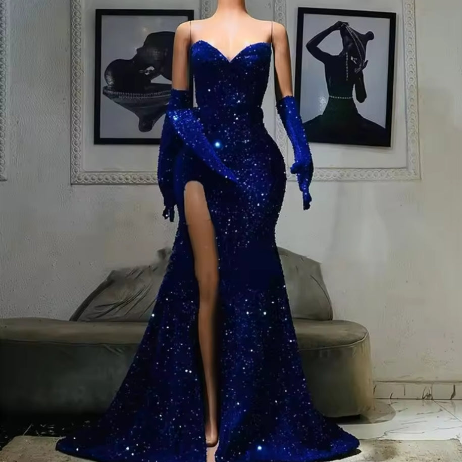 Fancy Royal Blue Sequin Mermaid Evening Dress High Split With Gloves Women Formal Party Dress robe de gala Sweetheart Customized