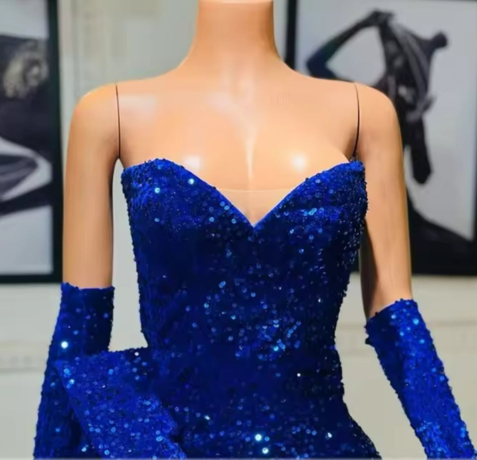Fancy Royal Blue Sequin Mermaid Evening Dress High Split With Gloves Women Formal Party Dress robe de gala Sweetheart Customized