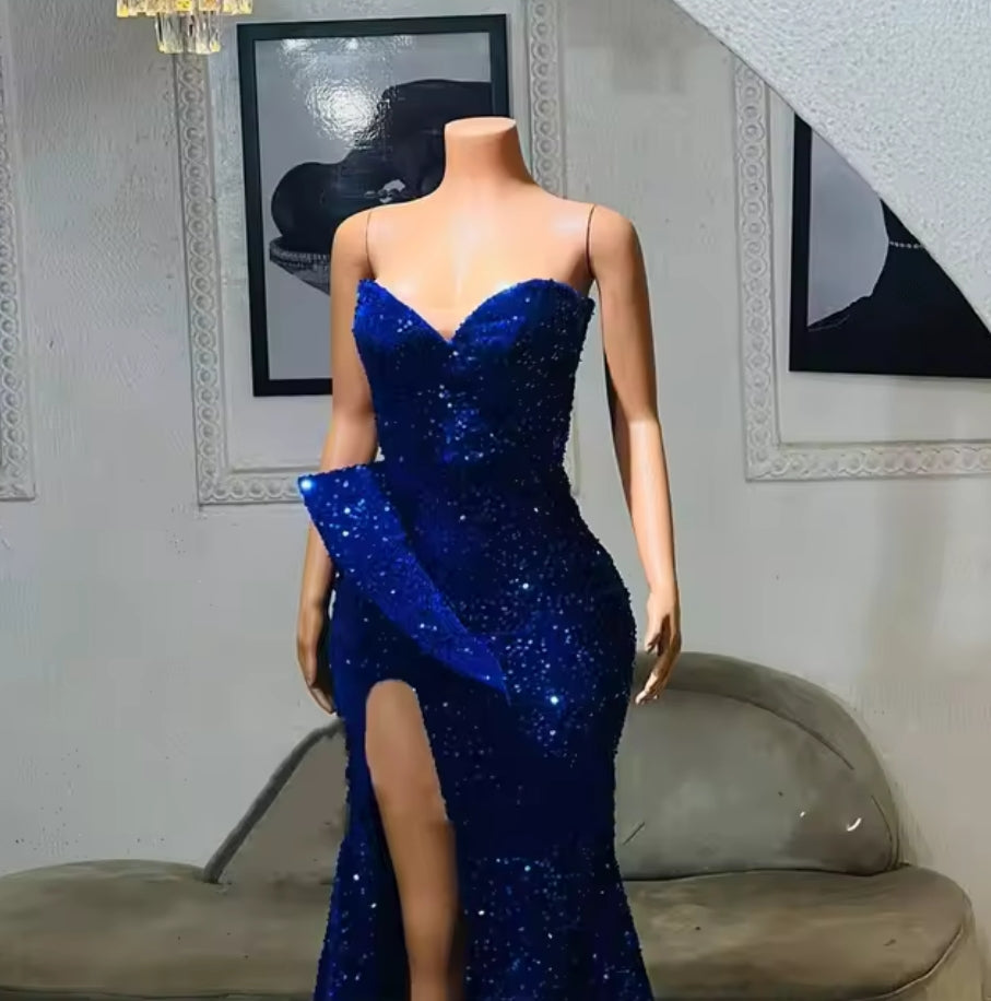 Fancy Royal Blue Sequin Mermaid Evening Dress High Split With Gloves Women Formal Party Dress robe de gala Sweetheart Customized