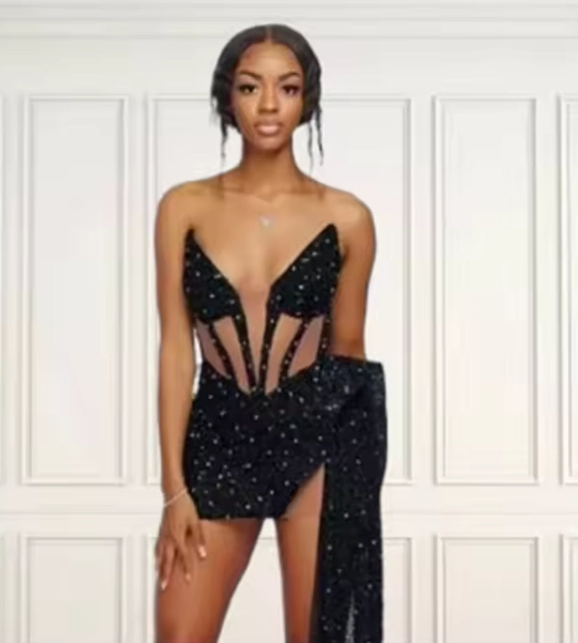 Royal Blue Strapless Short Prom Dress Black Girl Bead Birthday Luxury Dress Sequin Mini Cocktail With Side Train Customized