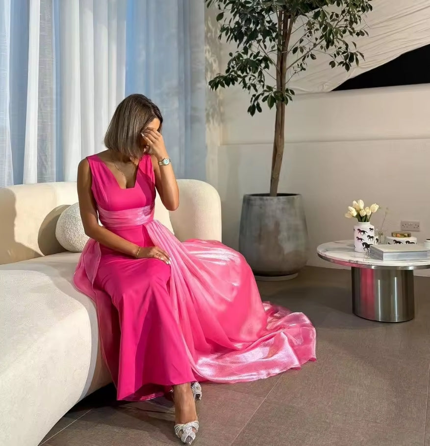 Hot Pink V Neck Prom Dresses with Tail New Mermaid Evening Dresses Formal Dress