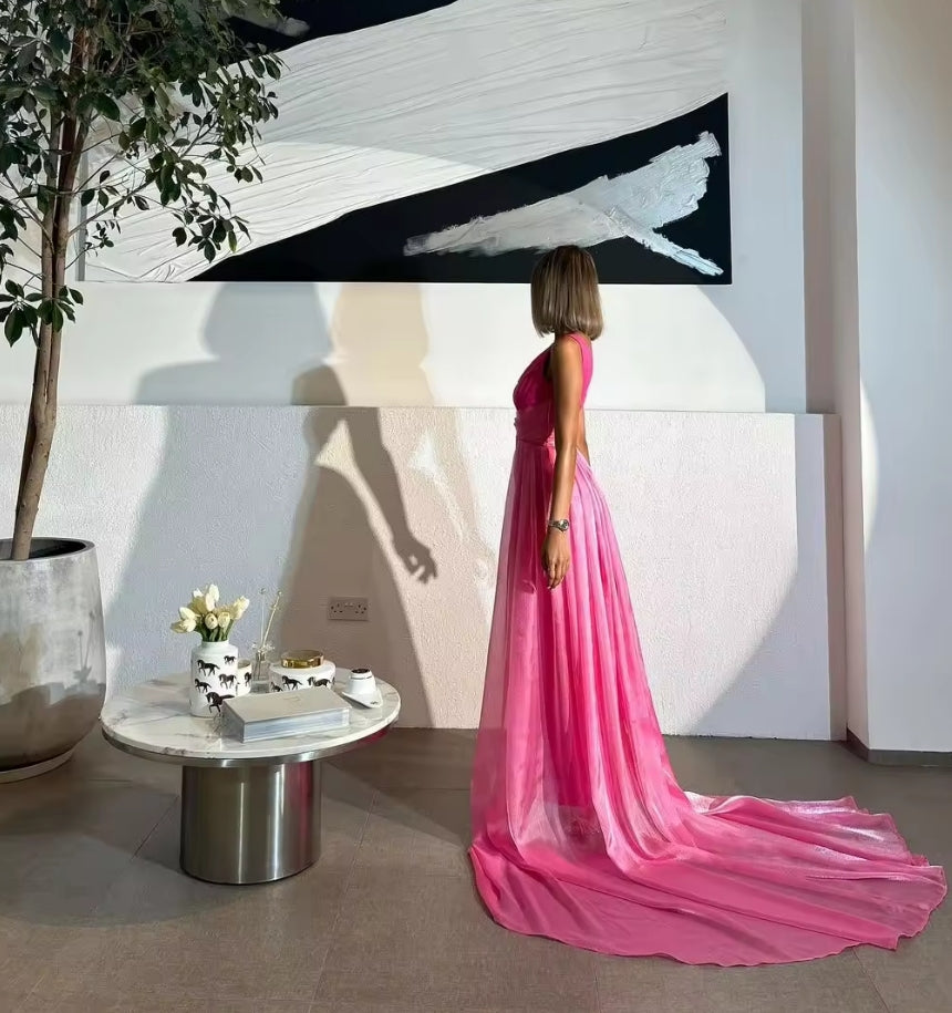 Hot Pink V Neck Prom Dresses with Tail New Mermaid Evening Dresses Formal Dress