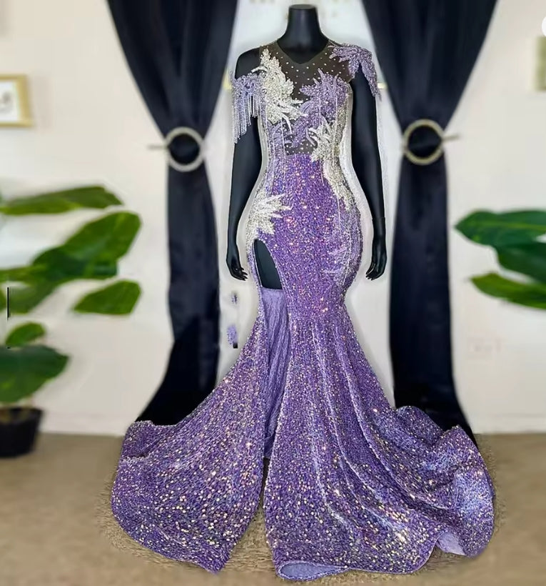 Luxury Diamonds Long Prom Dress 2025 Purple Beads Crystals Sequins Mermaid Birthday Wedding Party Gown Customized