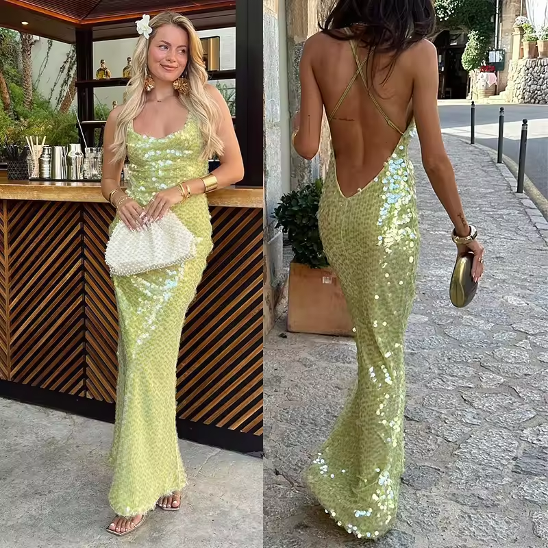 Green Sexy Backless Sequins Long Dresses Women Elegant Off Shoulder Square Neck Bodycon Dress New Lady Evening Party Robes