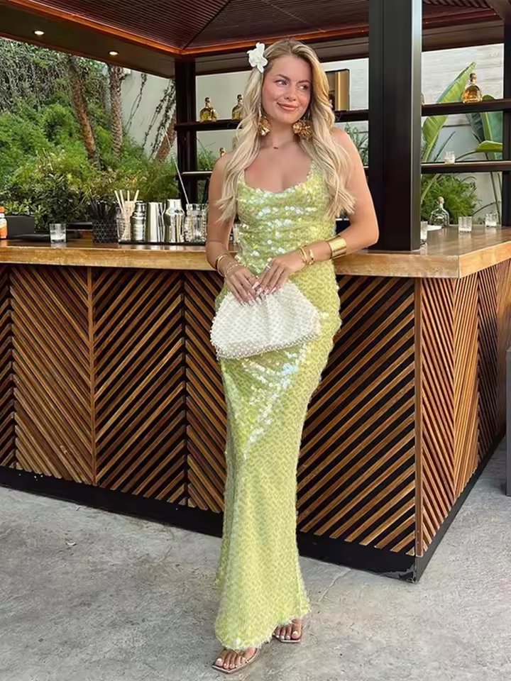 Green Sexy Backless Sequins Long Dresses Women Elegant Off Shoulder Square Neck Bodycon Dress New Lady Evening Party Robes
