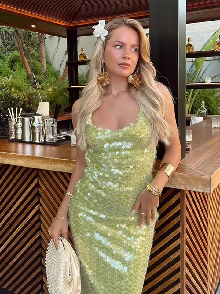 Green Sexy Backless Sequins Long Dresses Women Elegant Off Shoulder Square Neck Bodycon Dress New Lady Evening Party Robes