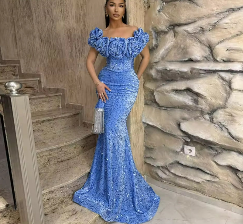 Exquisite 3D-Flowers Evening Dresses for Woman Mermaid Sweep Train Bespoke Special Occasion Dress Plus Size Customised