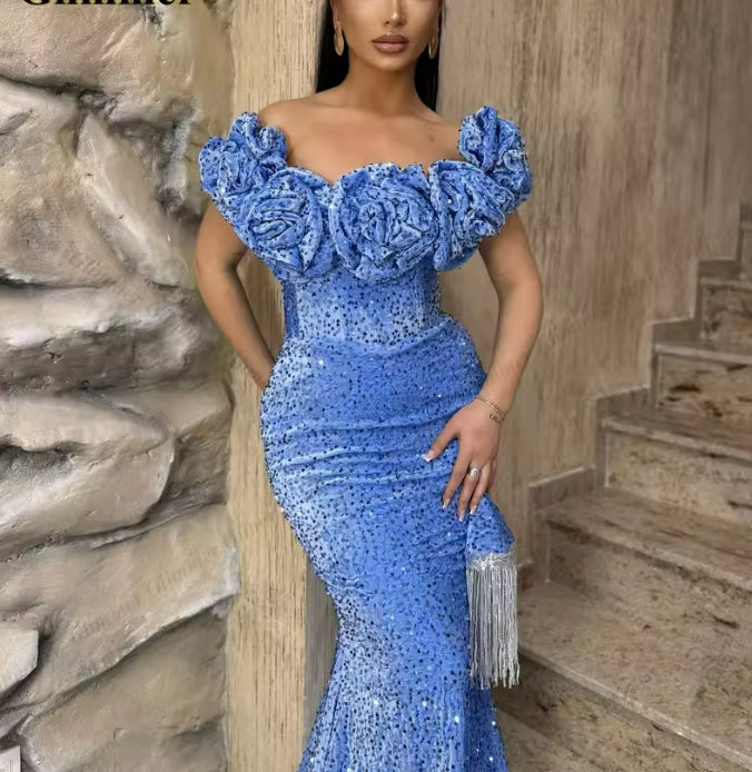 Exquisite 3D-Flowers Evening Dresses for Woman Mermaid Sweep Train Bespoke Special Occasion Dress Plus Size Customised