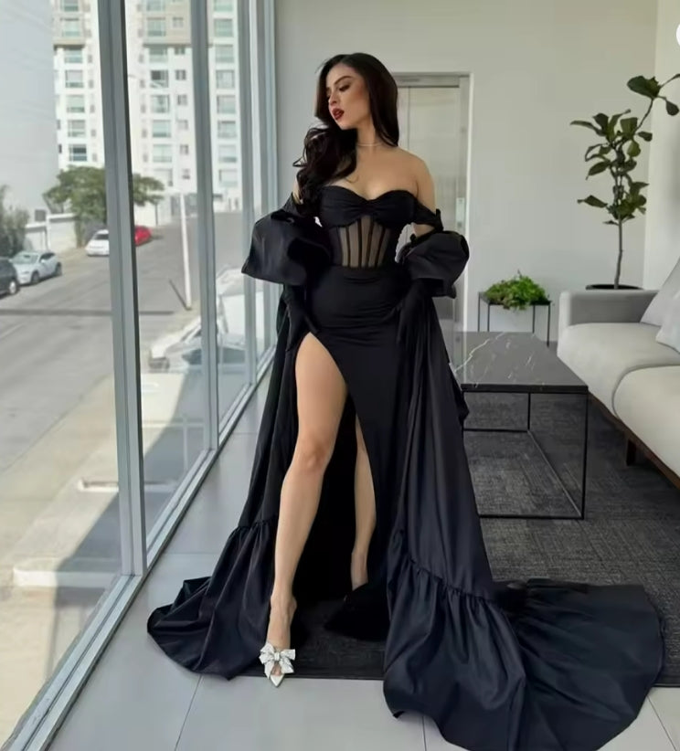 Black Evening Dresses for Women Luxury 2025 Party Gown with Shawl Sexy Sweetheart Illusion Side High Slit Prom Dress Customized