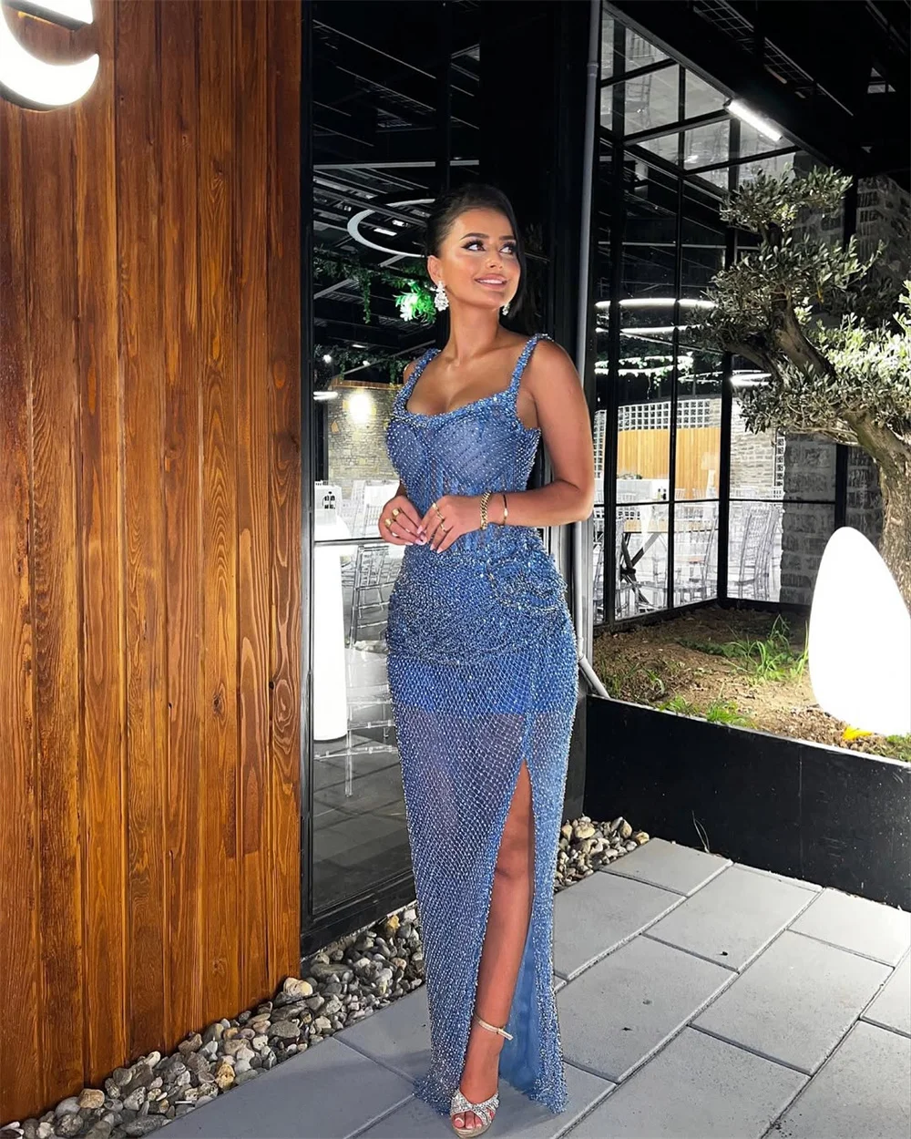 customized Square Collar Side High Slit Mermaid Prom Dresses Glitter Strapless