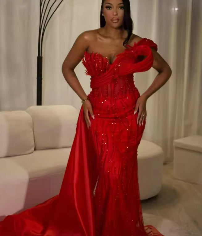 2025 Aso Ebi Red Off Shoulder Evening Dresses Slit Train Beaded Cocktail Dress Dubai Girls Party Gown Robes De Soiree Customized